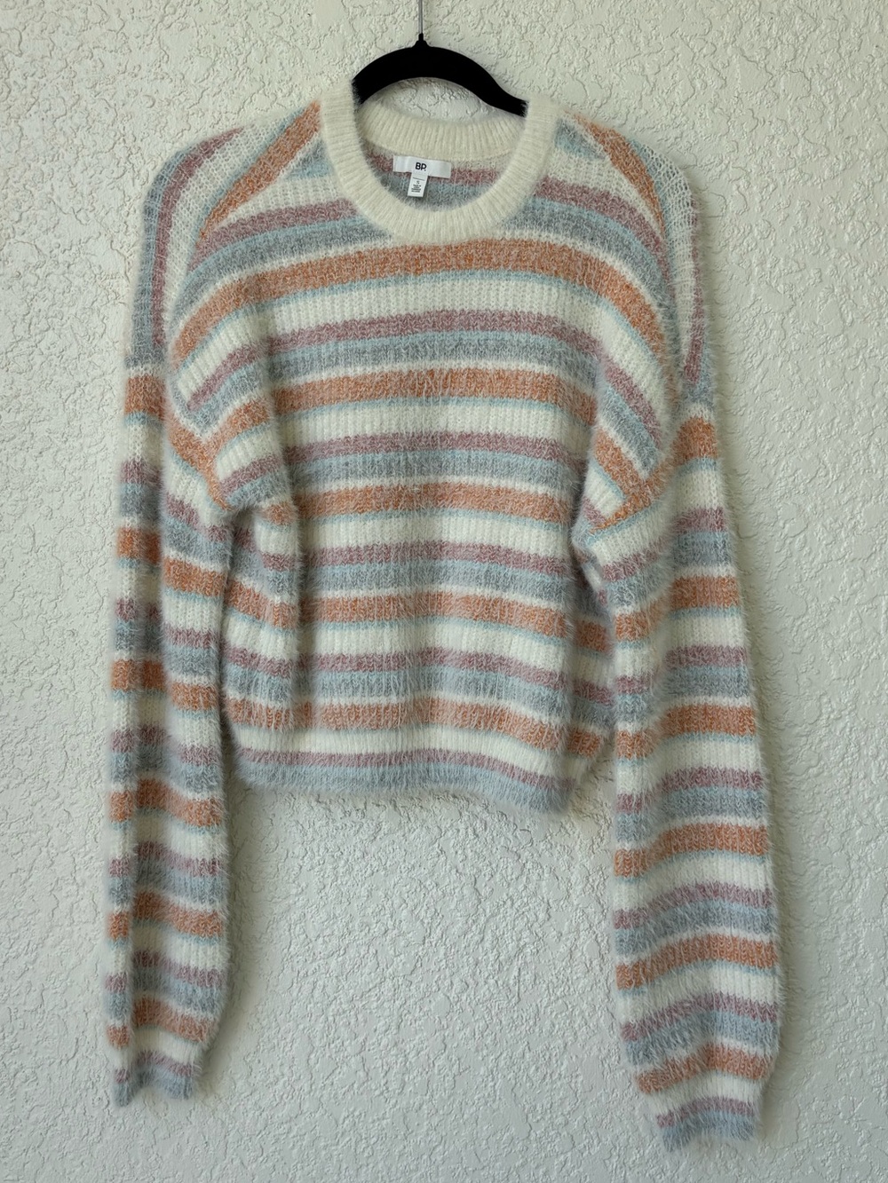 Striped Fuzzy Cropped Sweater in Cream, Peach & Light Blue